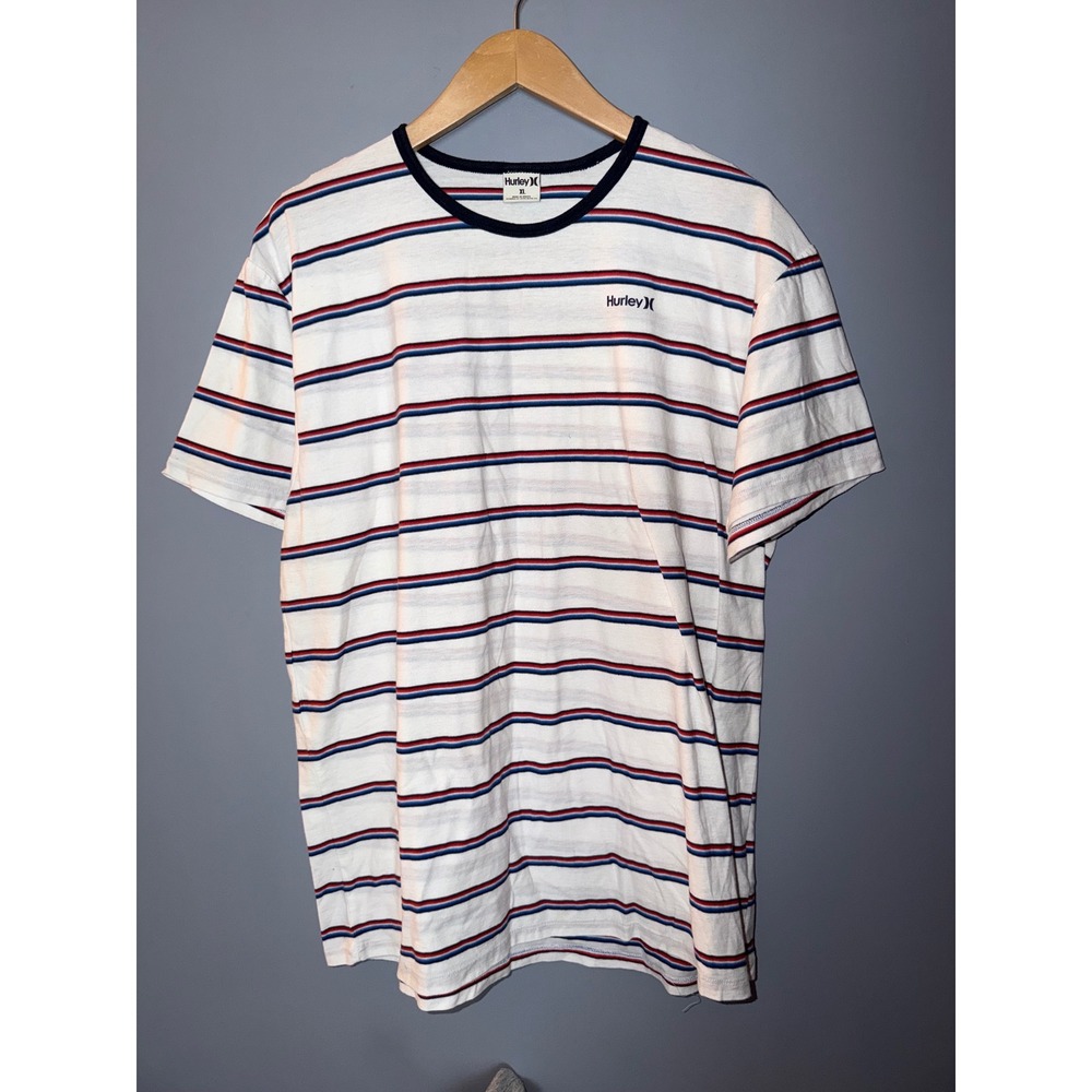Hurley Mens XL Striped Ringer T-Shirt White Navy Red Short Sleeve Logo Tee
